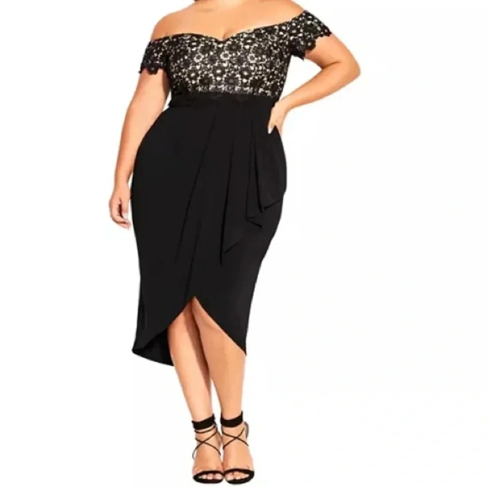 City Chic Black Lace Cocktail Womens Midi Dress Off the shoulder Plus Size 18
